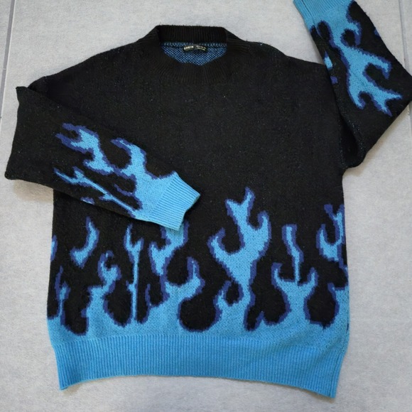 Black Sweaters - Shein Black And Blue Knit Flame Sweater Sz Medium Cozy Warm